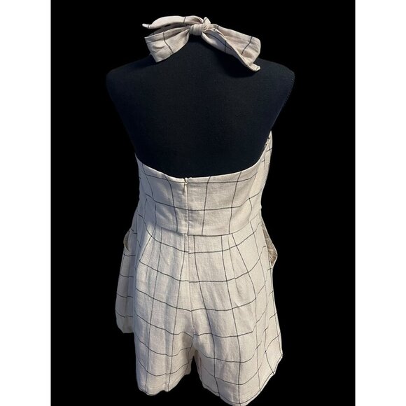 QUINN RUMER PLAYSUIT ROMPER, Plaid Halter Neck, Adjustable Tie Straps, 100% line - Picture 3 of 11